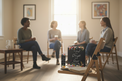 Women talking and laughing in a recovery meeting circle with the Bible carry bag on an empty chair in the foreground