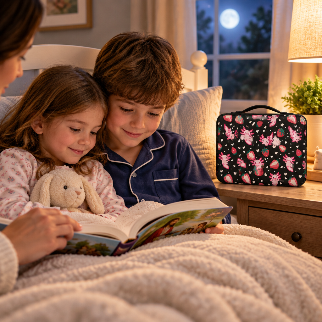 Young children reading a Bible at bedtime beside the Berry Blessed Bible cover